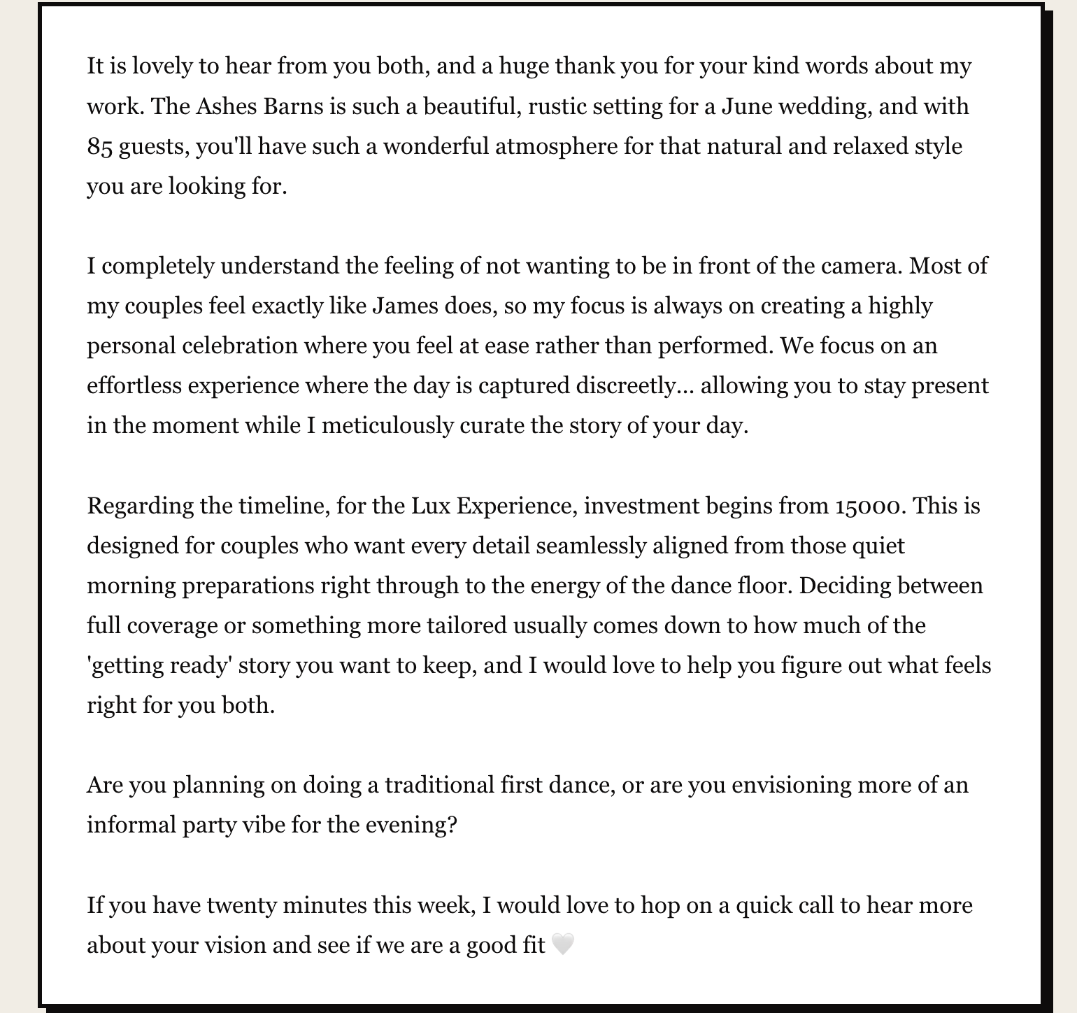 A reply written by the Sales tool in WedPro Studio, answering a couple's enquiry about a June barn wedding for 85 guests, reassuring them about being camera-shy, explaining the starting price and inviting them to a short call
