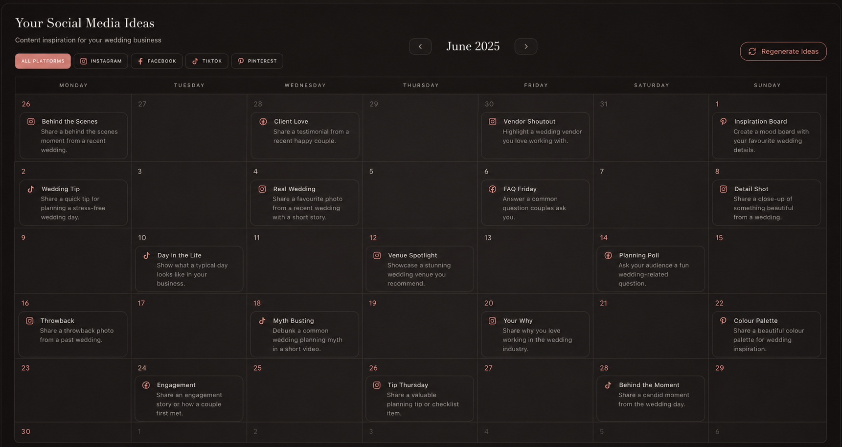 WedPro Content monthly social media calendar