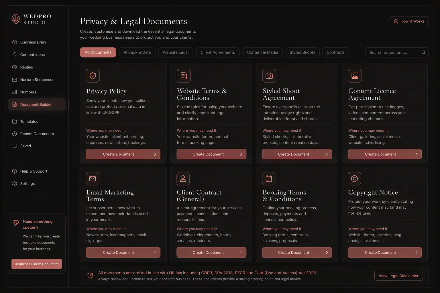 WedPro Terms document library with privacy policy, website T&Cs and client agreements