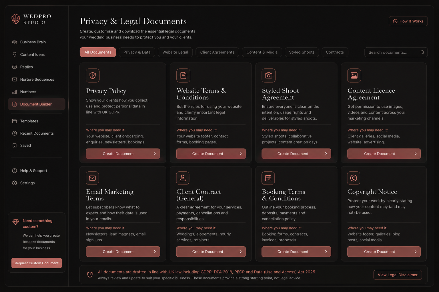 WedPro Terms document library with privacy policy, website T&Cs and client agreements