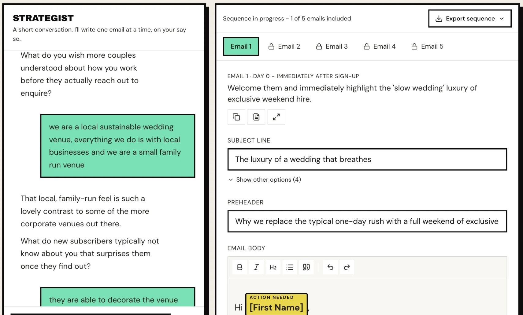 A follow-up email sequence in WedPro Studio: a short chat with the strategist on the left, and a five-email sequence on the right with the first email's subject line, preheader and body written