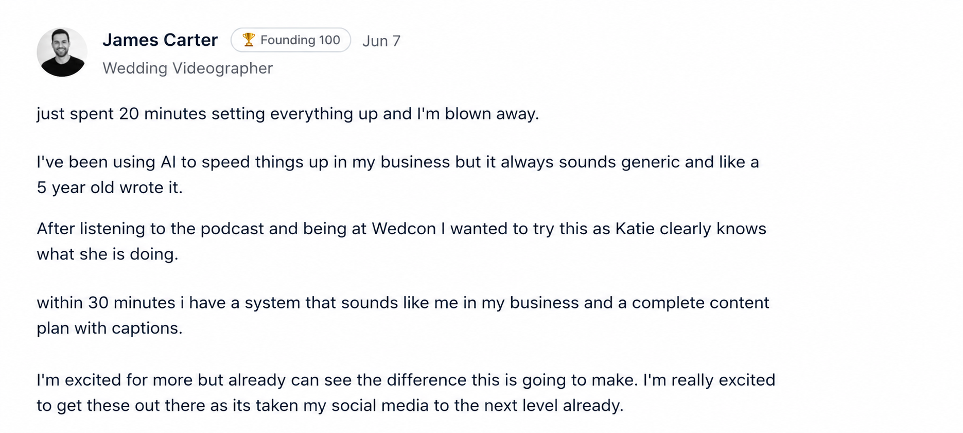 James Carter, wedding videographer, founding member testimonial