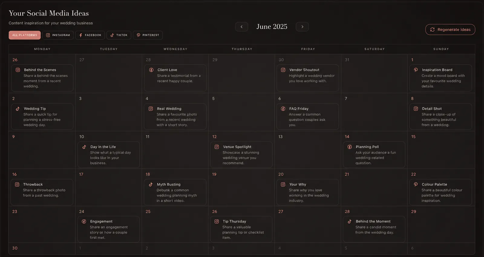 WedPro Content monthly social media calendar