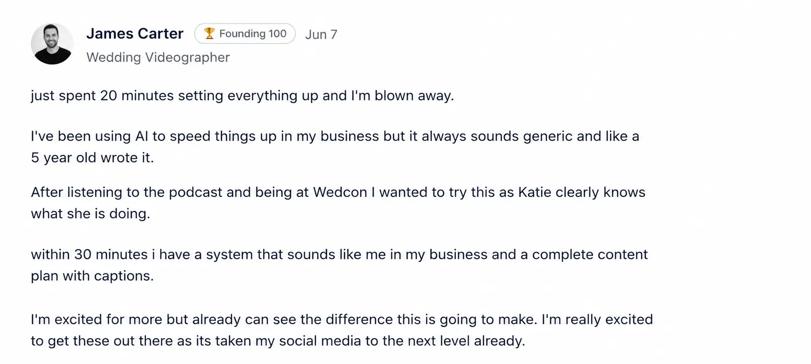 James Carter, wedding videographer, founding member testimonial