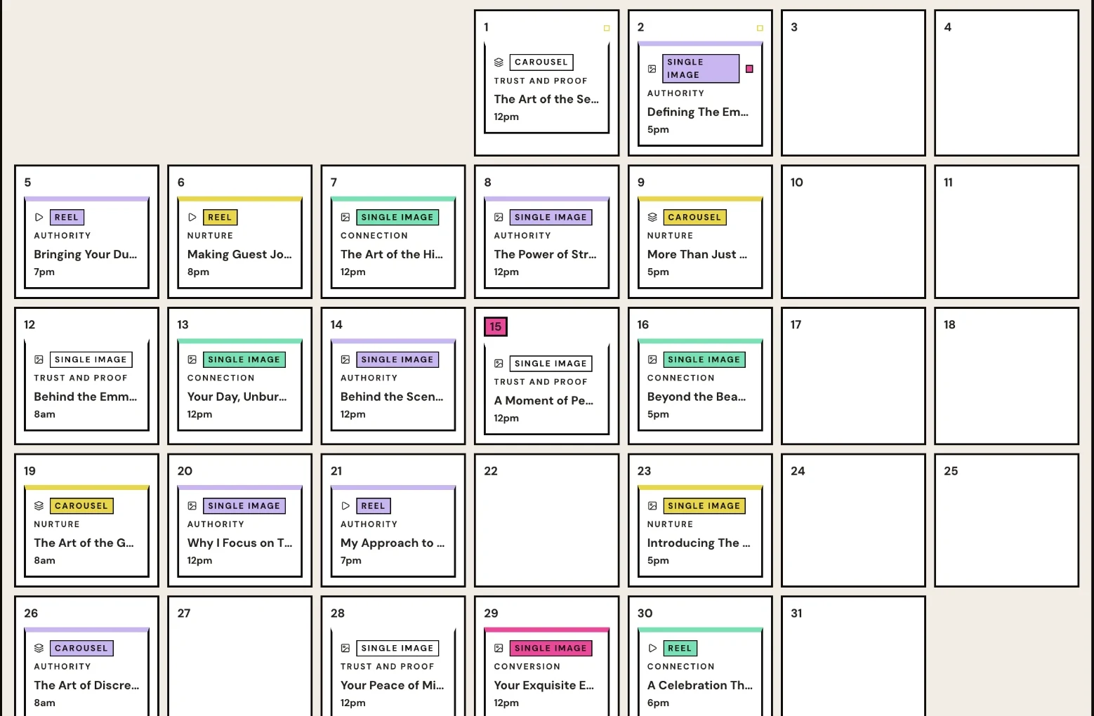 The WedPro Studio content calendar with a month of posts planned, each day showing the post type, its purpose and a posting time