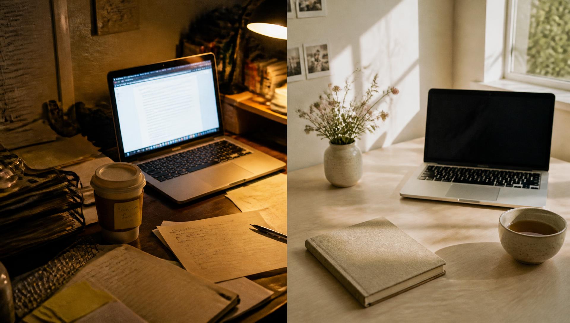Left: a cluttered late-night desk buried in paperwork. Right: the same desk, calm and organised in morning light.