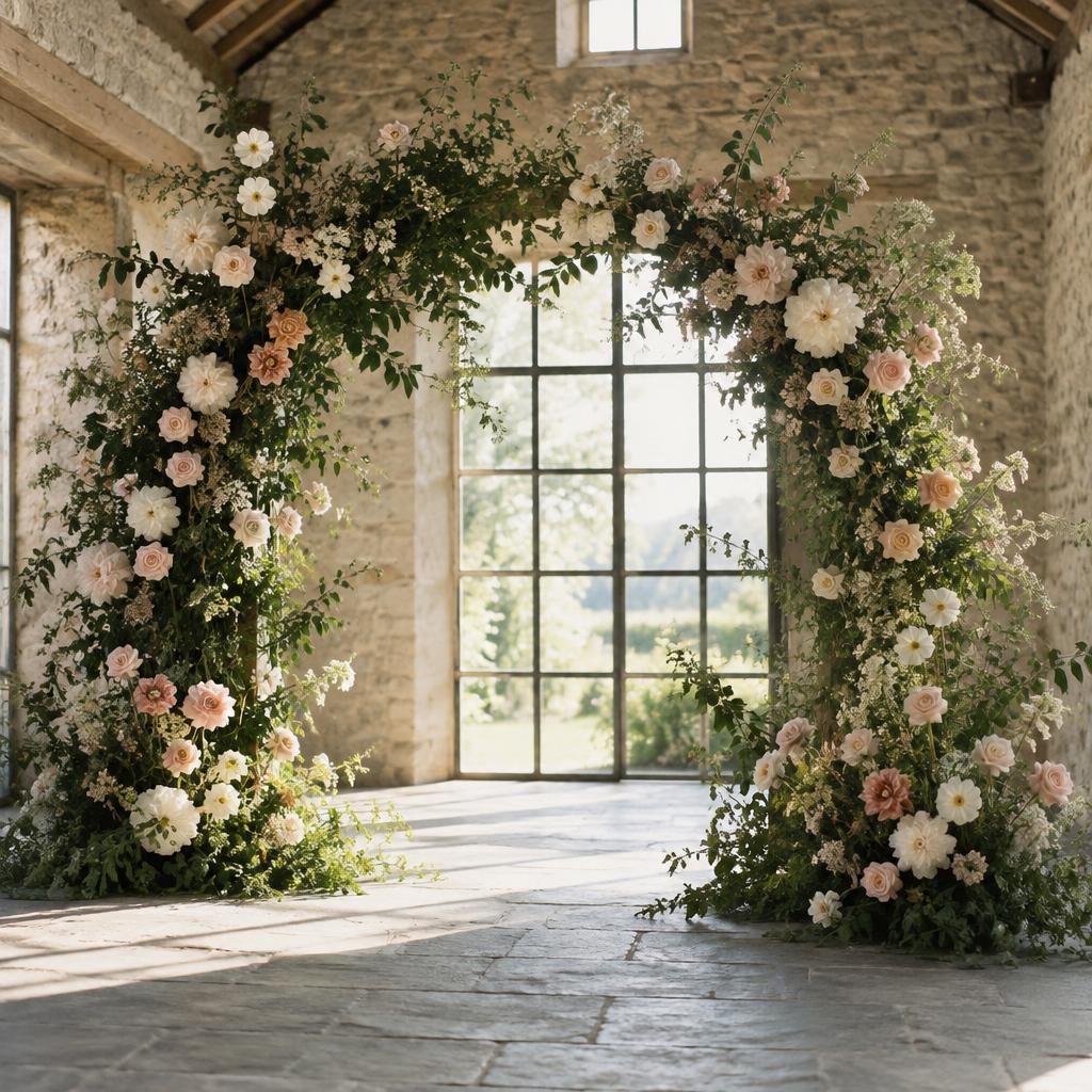 A floral arch of garden roses, peonies and greenery inside a sunlit stone barn